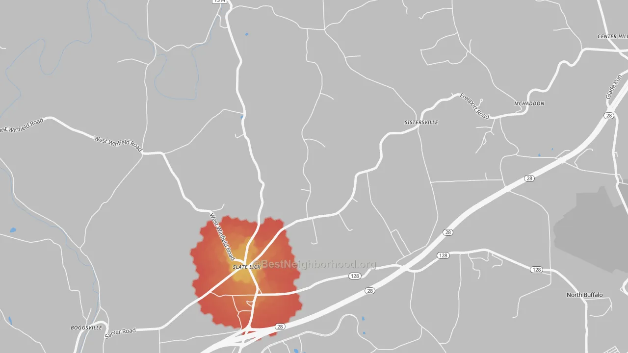 Walk Grade map of Slate Lick, PA, walkable areas in green and car-dependent areas in red