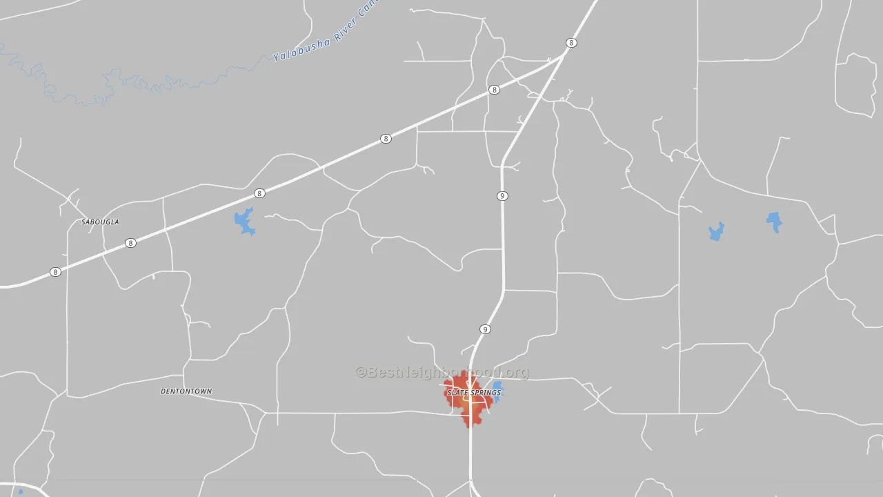 Walk Grade map of Slate Spring, MS, walkable areas in green and car-dependent areas in red