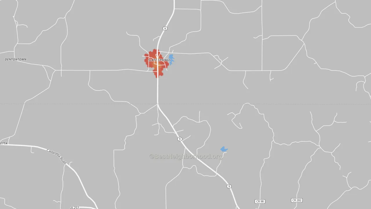 Walk Grade map of Slate Springs, MS, walkable areas in green and car-dependent areas in red