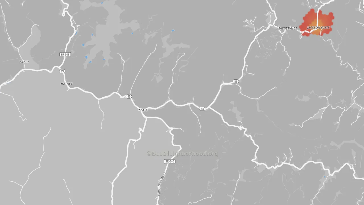 Walk Grade map of Slate, VA, walkable areas in green and car-dependent areas in red