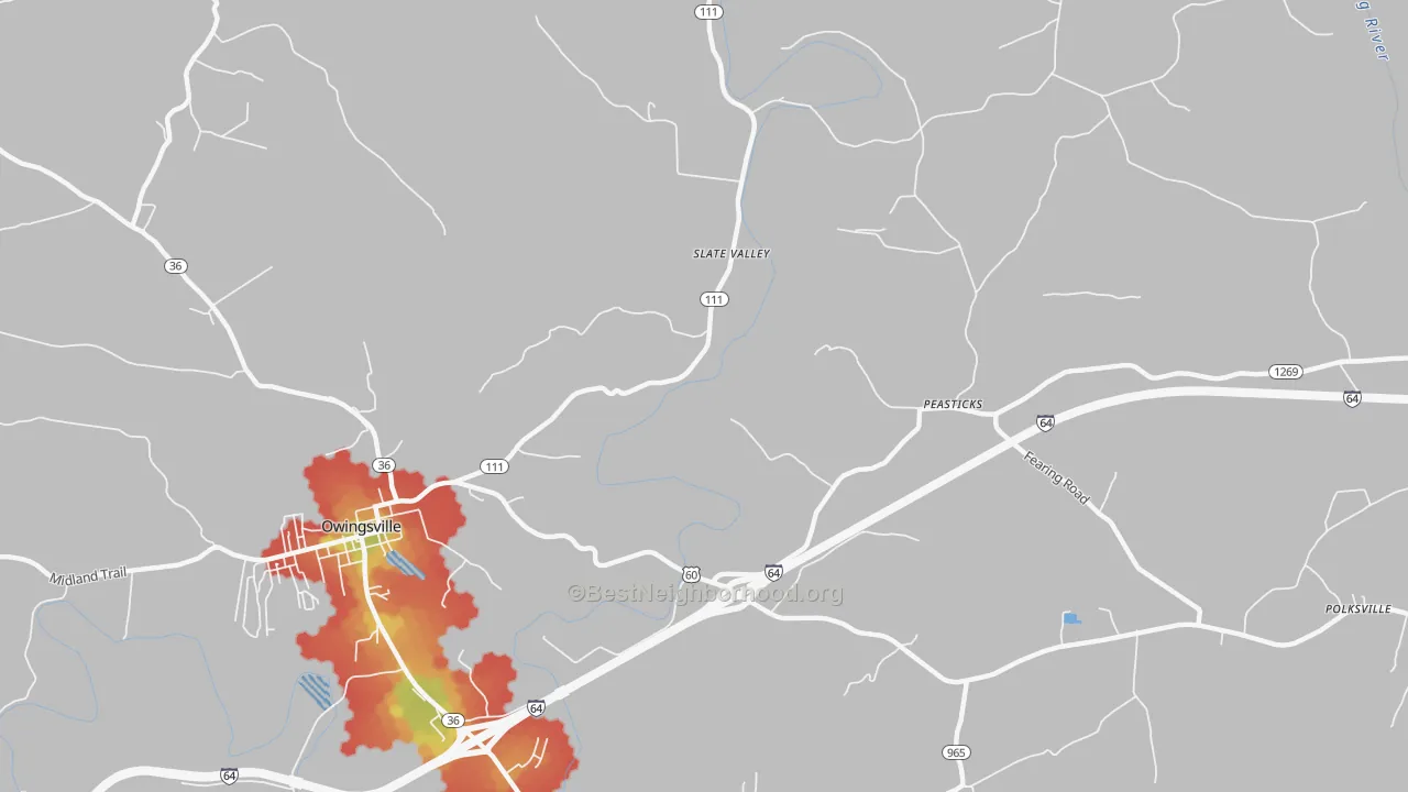 Walk Grade map of Slate Valley, KY, walkable areas in green and car-dependent areas in red
