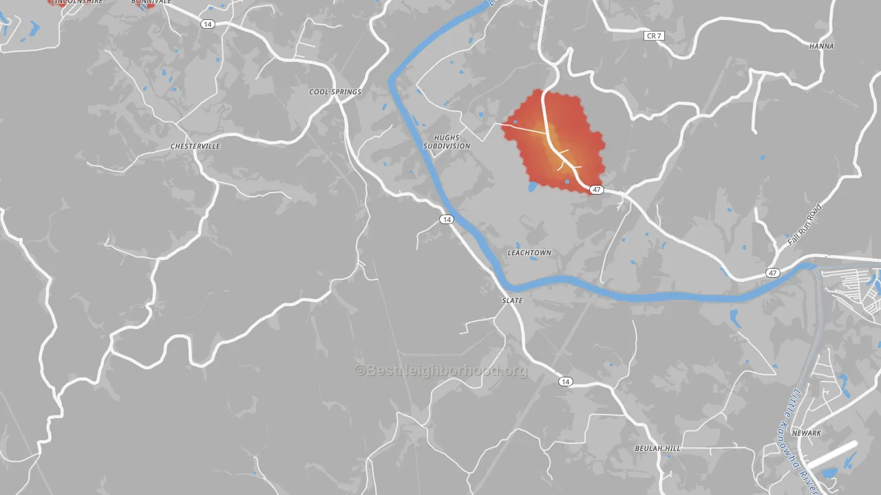 Walk Grade map of Slate, WV, walkable areas in green and car-dependent areas in red