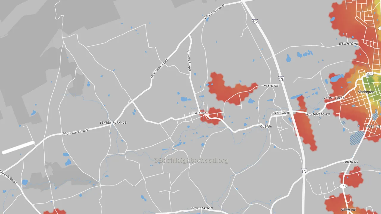 Walk Grade map of Slatedale, PA, walkable areas in green and car-dependent areas in red