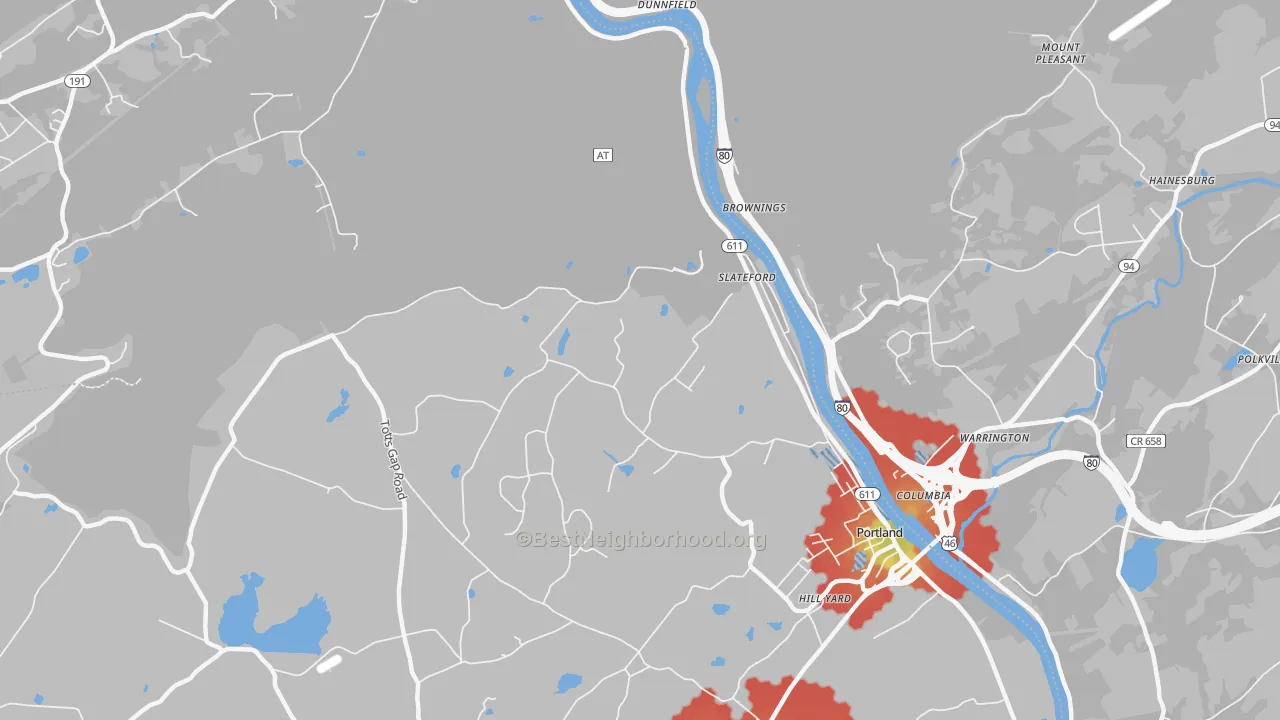 Walk Grade map of Slateford, PA, walkable areas in green and car-dependent areas in red