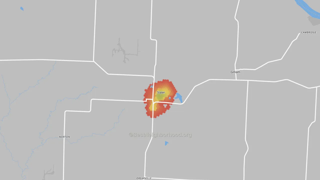 Walk Grade map of Slater, MO, walkable areas in green and car-dependent areas in red