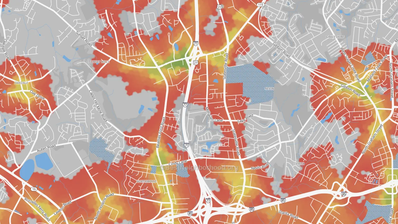 Walk Grade map of Slater Park, Charlotte, NC, walkable areas in green and car-dependent areas in red