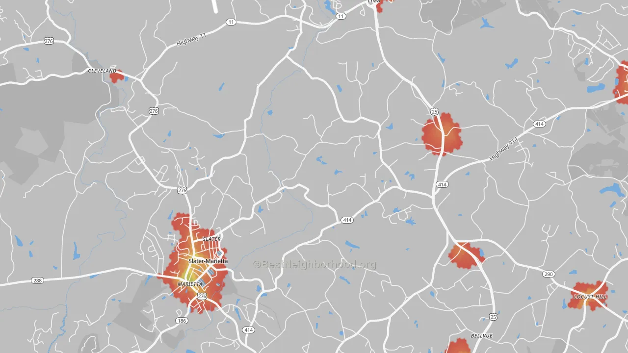 Walk Grade map of Slater, SC, walkable areas in green and car-dependent areas in red