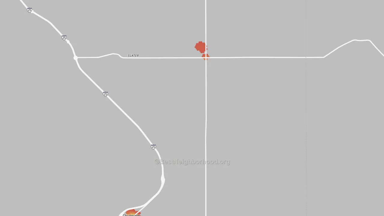 Walk Grade map of Slater, WY, walkable areas in green and car-dependent areas in red