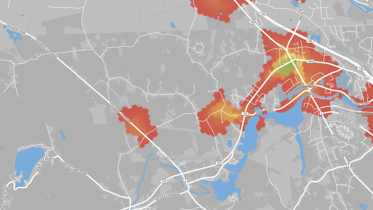 Walk Grade map of Slatersville, RI, walkable areas in green and car-dependent areas in red