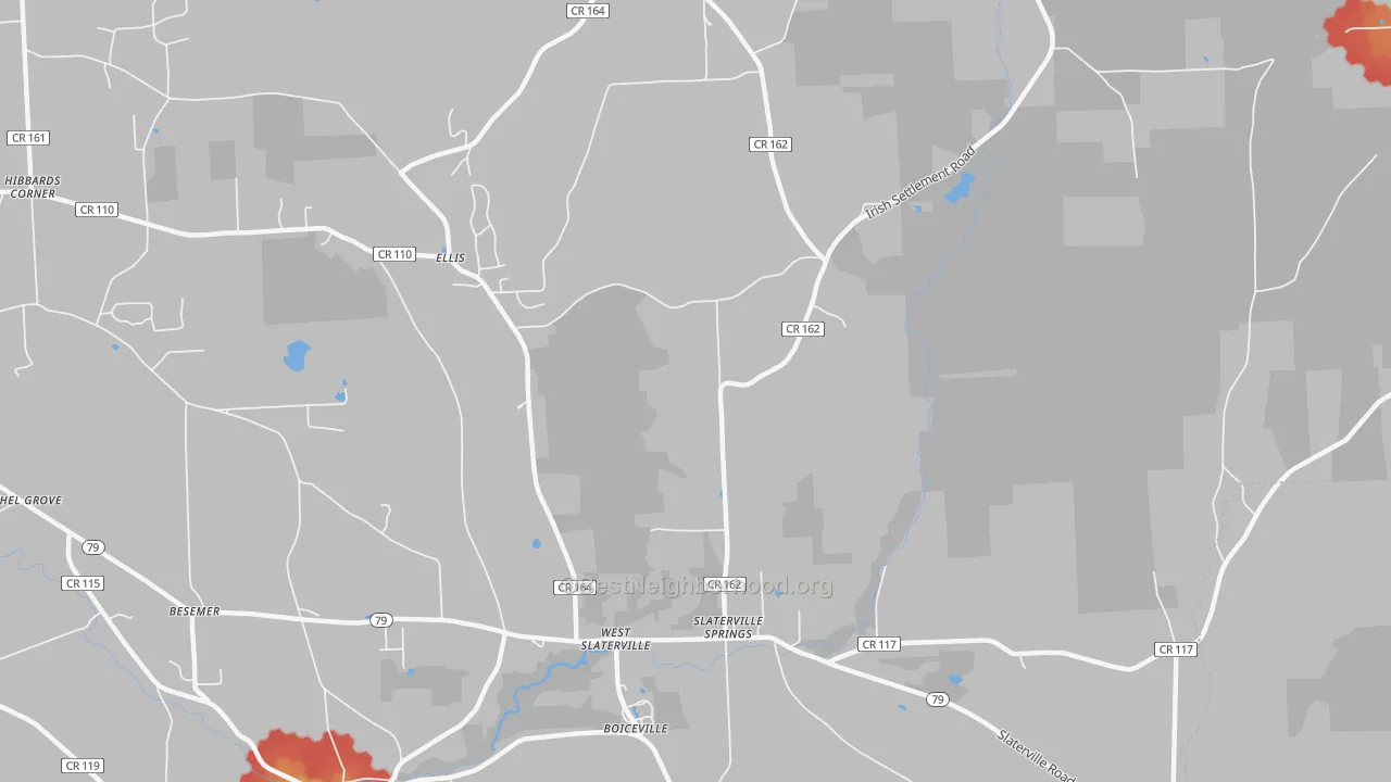 Walk Grade map of Slaterville Springs, NY, walkable areas in green and car-dependent areas in red