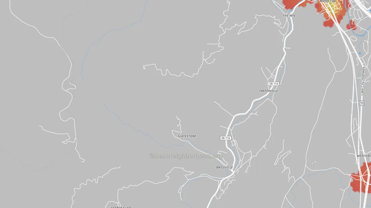 Walk Grade map of Slatestone, TN, walkable areas in green and car-dependent areas in red
