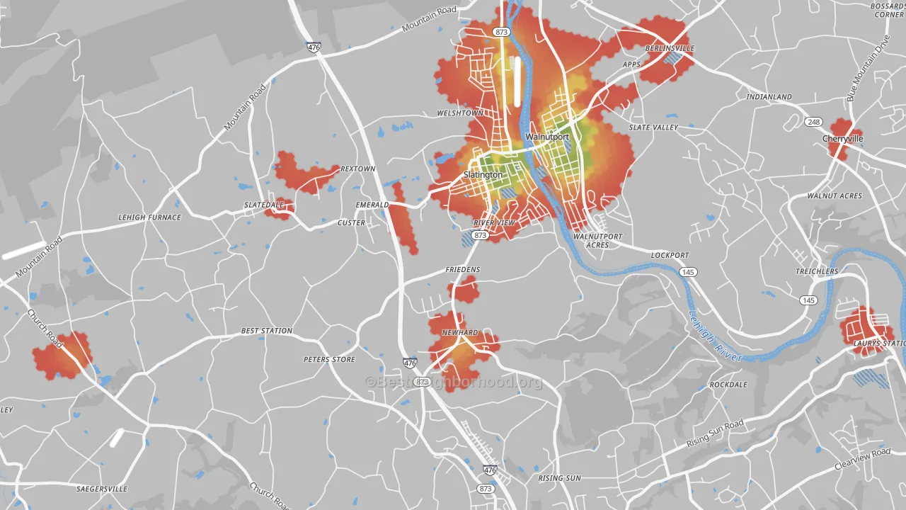 Walk Grade map of Slatington, PA, walkable areas in green and car-dependent areas in red