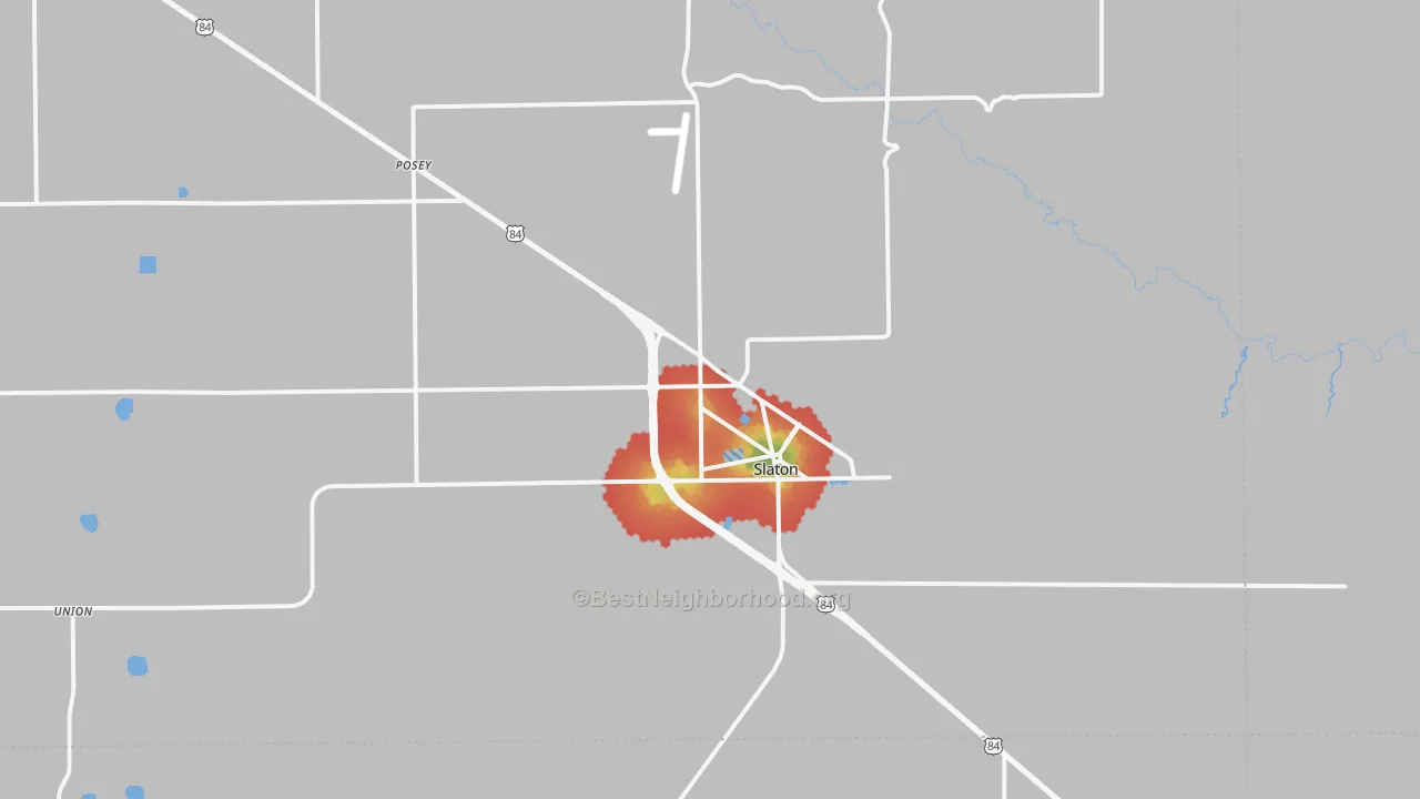 Walk Grade map of Slaton, TX, walkable areas in green and car-dependent areas in red