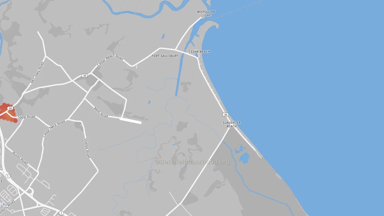 Walk Grade map of Slaughter Beach, DE, walkable areas in green and car-dependent areas in red