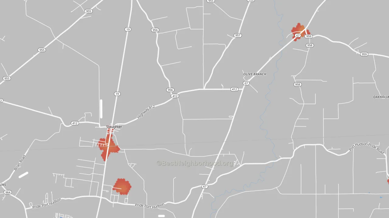 Walk Grade map of Slaughter, LA, walkable areas in green and car-dependent areas in red