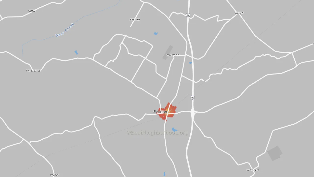 Walk Grade map of Slaughters, KY, walkable areas in green and car-dependent areas in red
