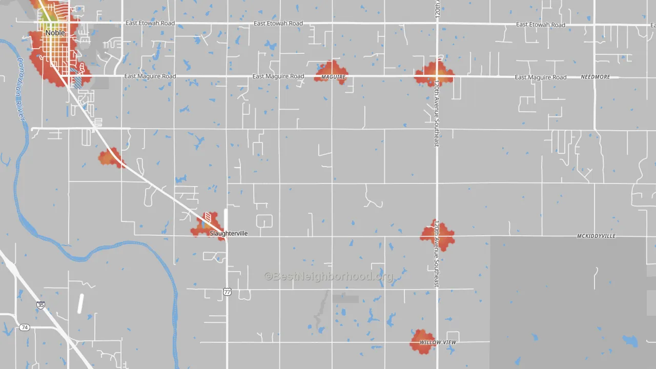 Walk Grade map of Slaughterville, OK, walkable areas in green and car-dependent areas in red