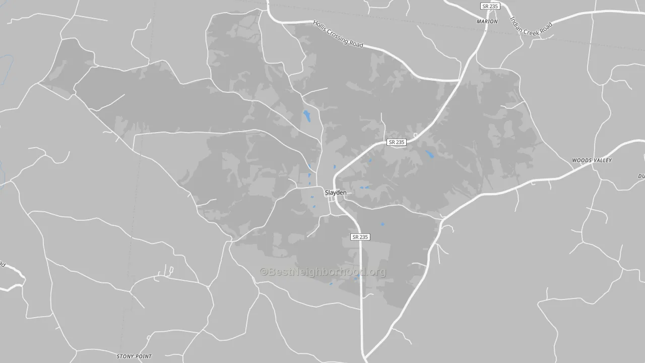 Walk Grade map of Slayden, TN, walkable areas in green and car-dependent areas in red