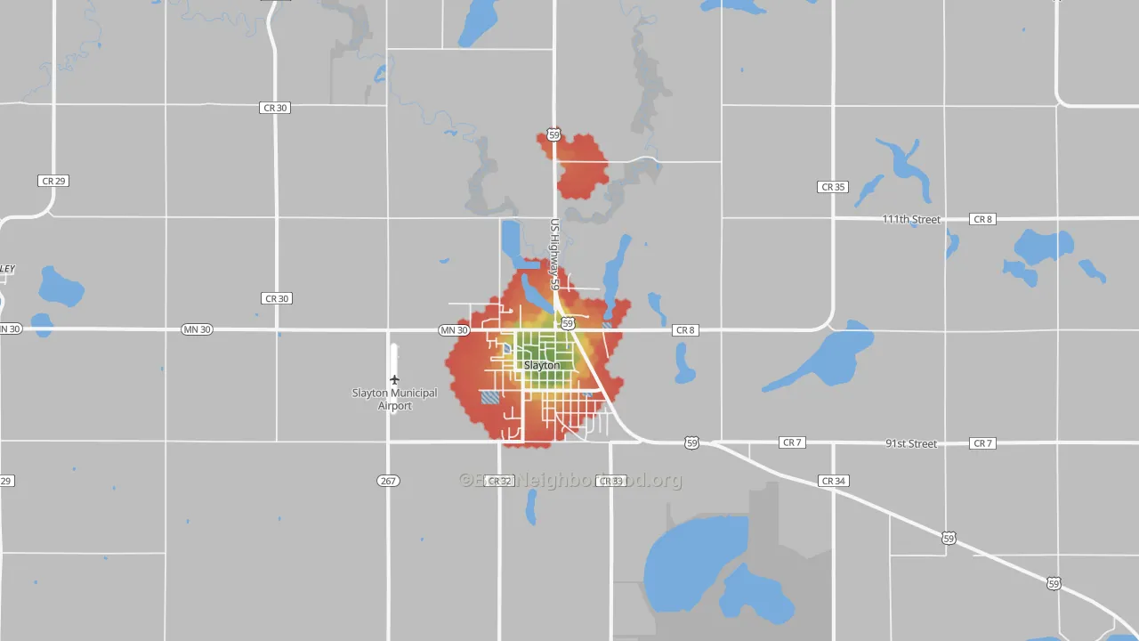 Walk Grade map of Slayton, MN, walkable areas in green and car-dependent areas in red