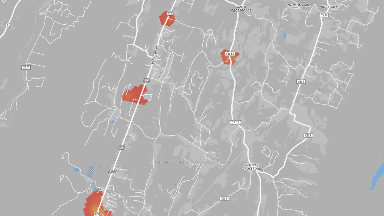 Walk Grade map of Sleepy Creek, WV, walkable areas in green and car-dependent areas in red