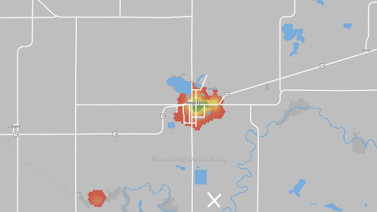 Walk Grade map of Sleepy Eye, MN, walkable areas in green and car-dependent areas in red