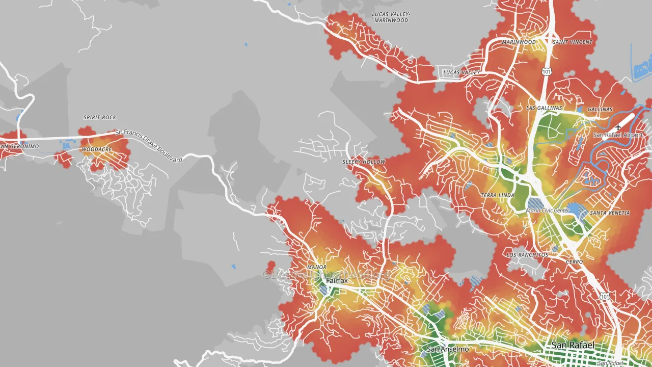 Walk Grade map of Sleepy Hollow, CA, walkable areas in green and car-dependent areas in red