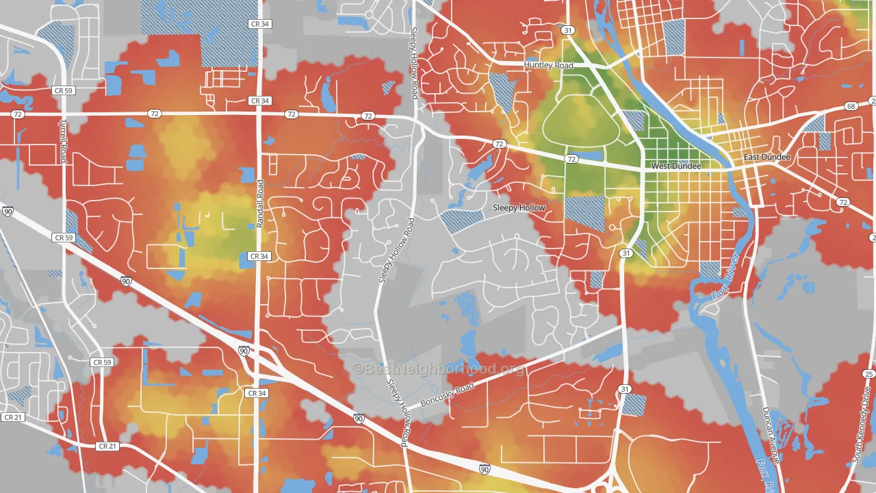 Walk Grade map of Sleepy Hollow, IL, walkable areas in green and car-dependent areas in red