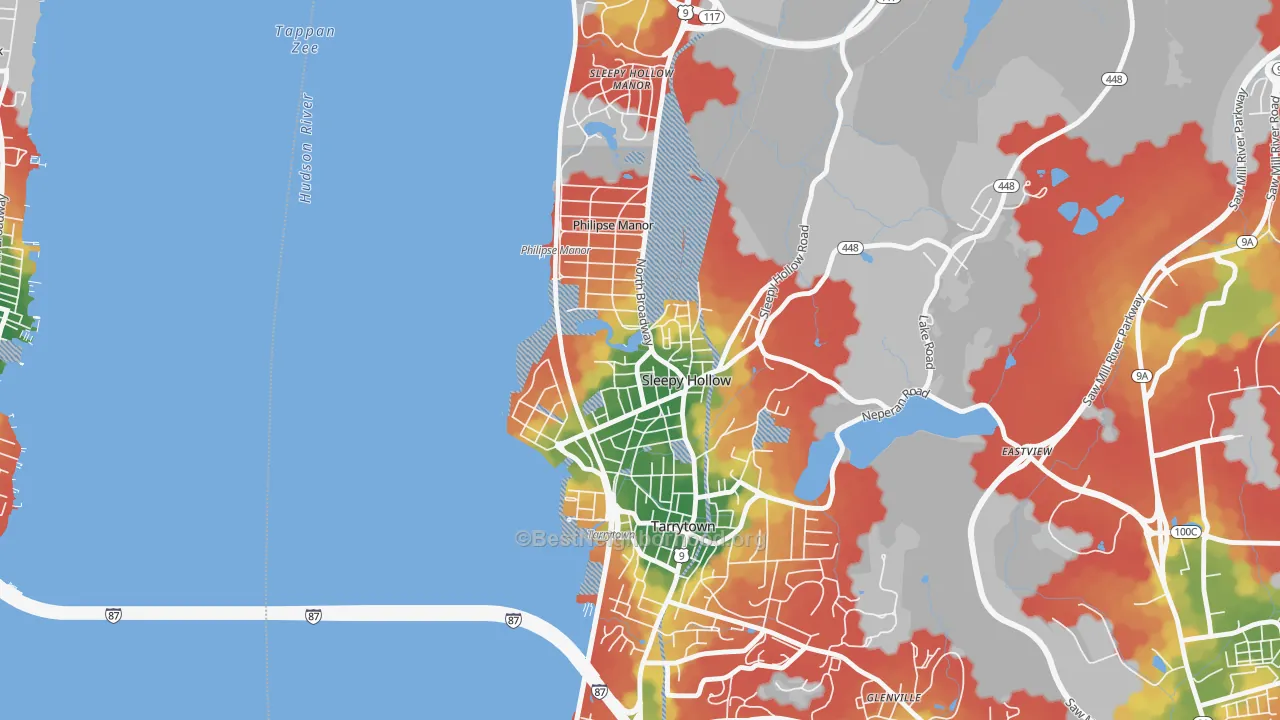 Walk Grade map of Sleepy Hollow, NY, walkable areas in green and car-dependent areas in red