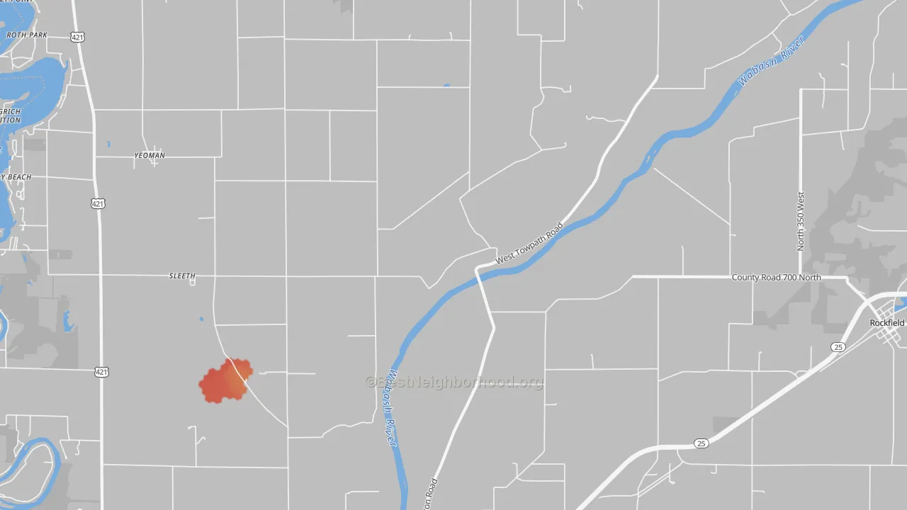 Walk Grade map of Sleeth, IN, walkable areas in green and car-dependent areas in red
