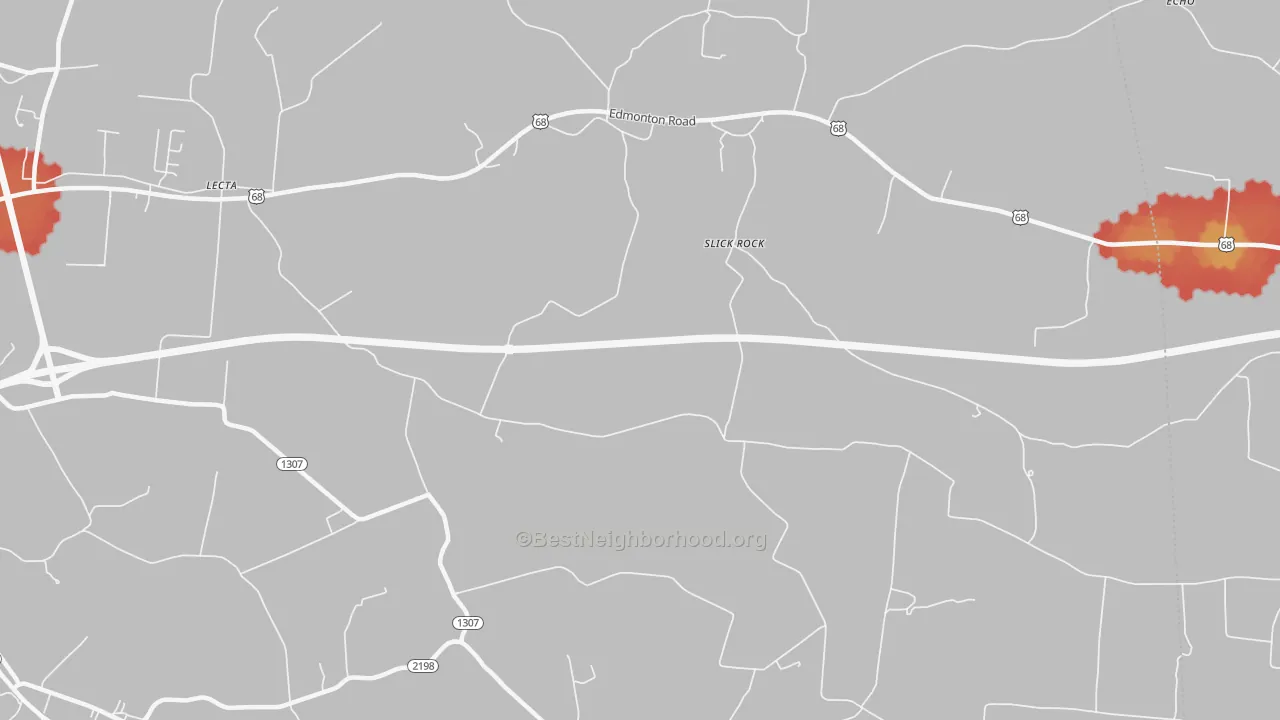 Walk Grade map of Slick Rock, KY, walkable areas in green and car-dependent areas in red