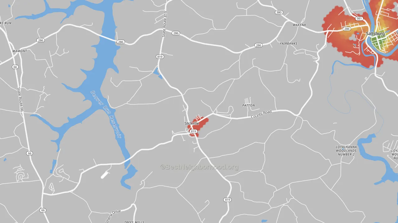Walk Grade map of Slickville, PA, walkable areas in green and car-dependent areas in red