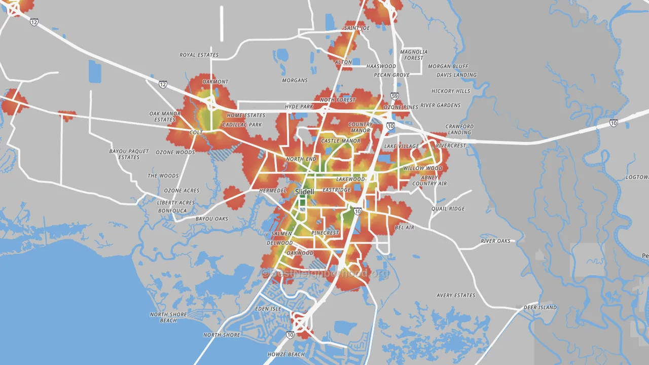 Walk Grade map of Slidell, LA, walkable areas in green and car-dependent areas in red