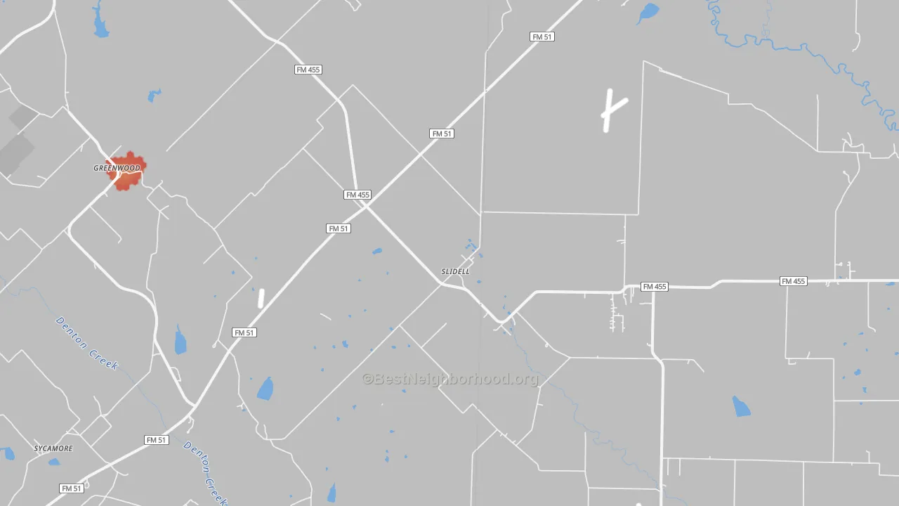 Walk Grade map of Slidell, TX, walkable areas in green and car-dependent areas in red