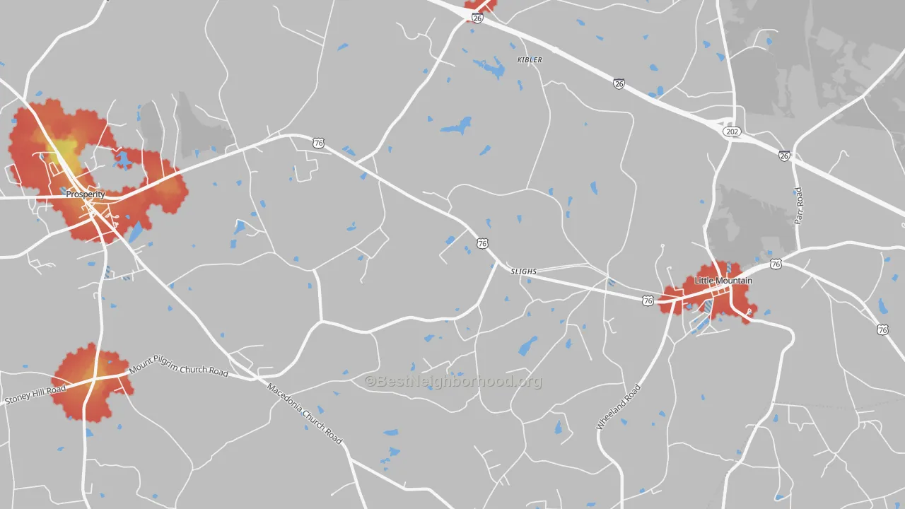 Walk Grade map of Slighs, SC, walkable areas in green and car-dependent areas in red