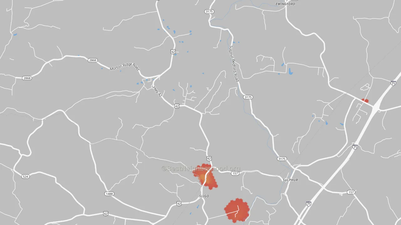 Walk Grade map of Sligo, KY, walkable areas in green and car-dependent areas in red