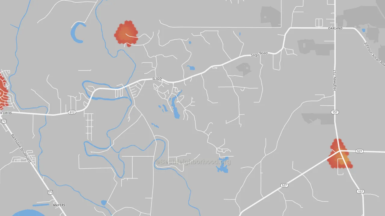 Walk Grade map of Sligo, LA, walkable areas in green and car-dependent areas in red