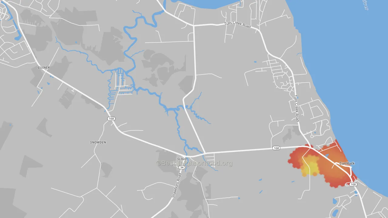 Walk Grade map of Sligo, NC, walkable areas in green and car-dependent areas in red