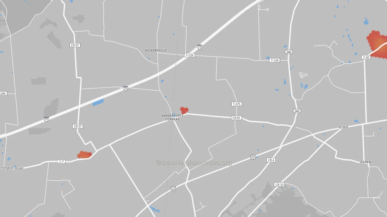 Walk Grade map of Sligo, OH, walkable areas in green and car-dependent areas in red