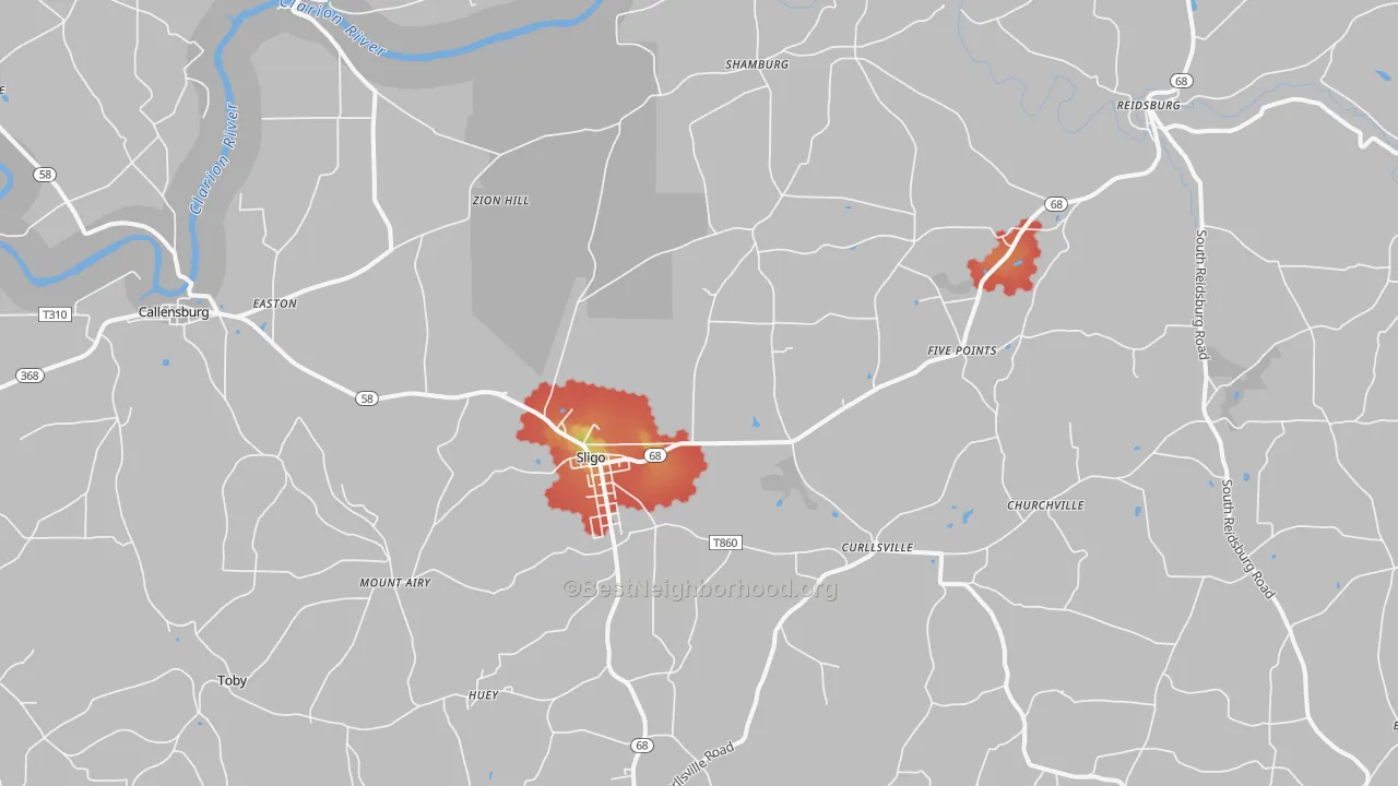 Walk Grade map of Sligo, PA, walkable areas in green and car-dependent areas in red