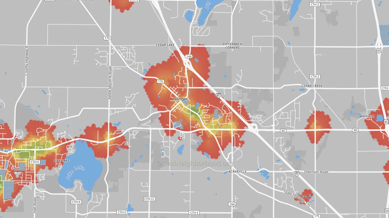 Walk Grade map of Slinger, WI, walkable areas in green and car-dependent areas in red