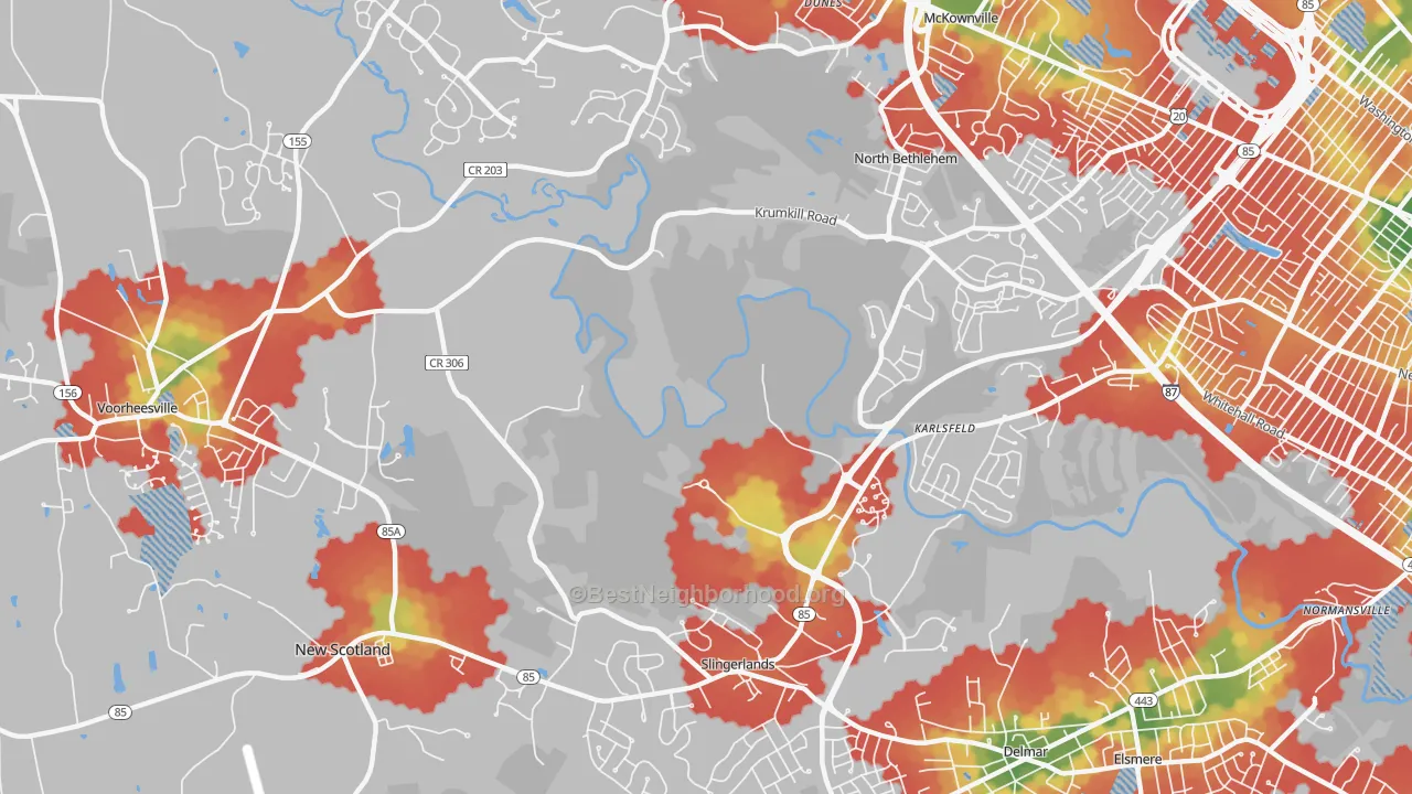 Walk Grade map of Slingerlands, NY, walkable areas in green and car-dependent areas in red