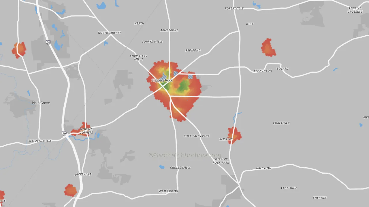Walk Grade map of Slippery Rock, PA, walkable areas in green and car-dependent areas in red