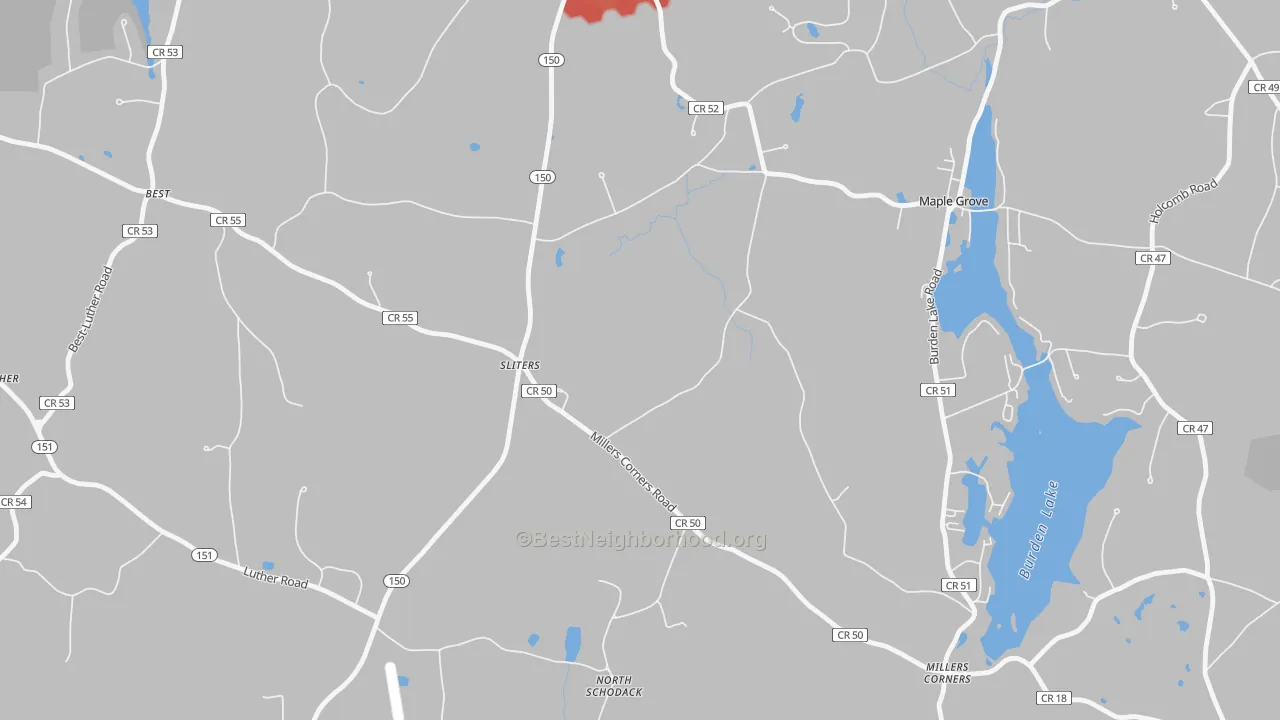 Walk Grade map of Sliters, NY, walkable areas in green and car-dependent areas in red