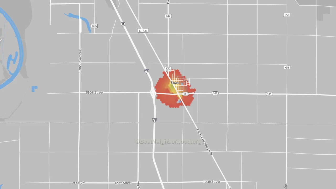 Walk Grade map of Sloan, IA, walkable areas in green and car-dependent areas in red