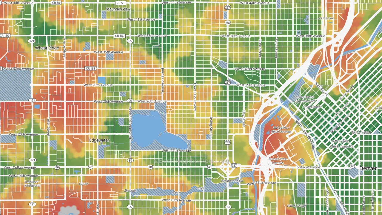 Walk Grade map of Sloan Lake, Denver, CO, walkable areas in green and car-dependent areas in red
