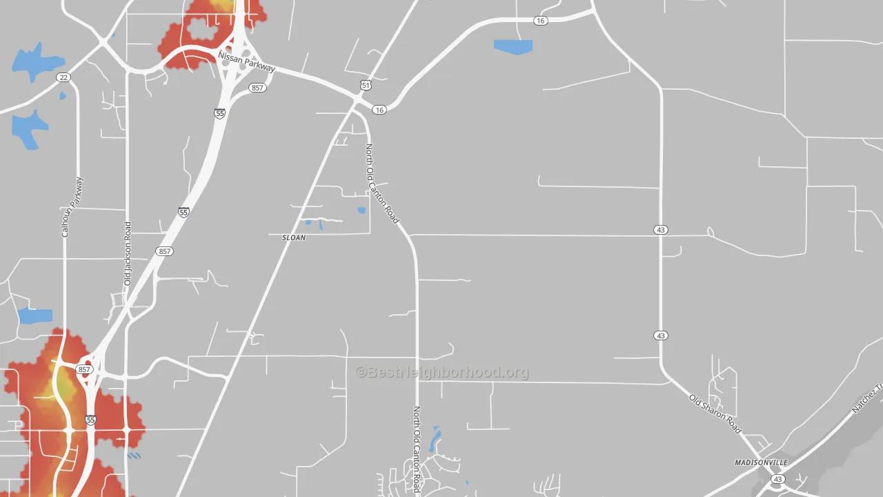 Walk Grade map of Sloan, MS, walkable areas in green and car-dependent areas in red