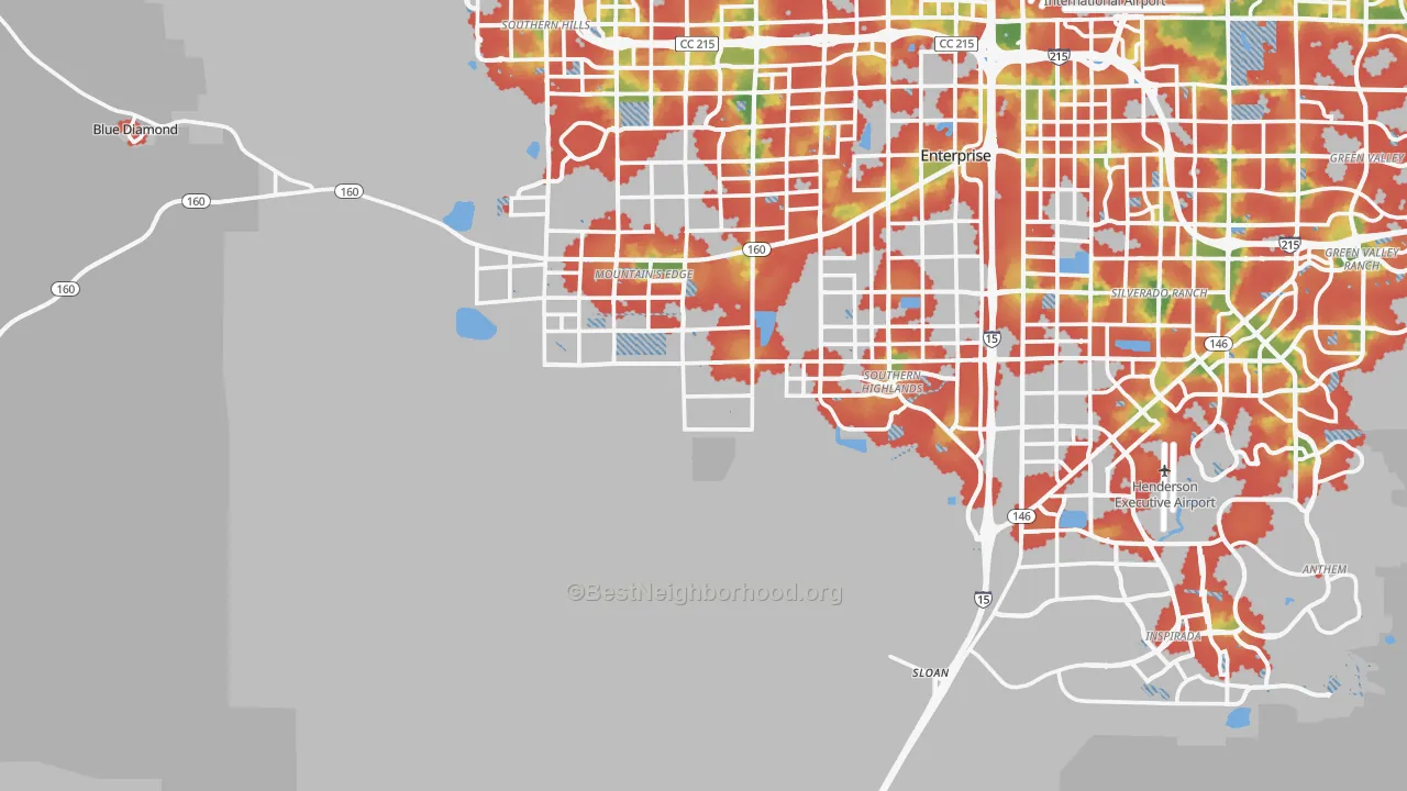 Walk Grade map of Sloan, NV, walkable areas in green and car-dependent areas in red