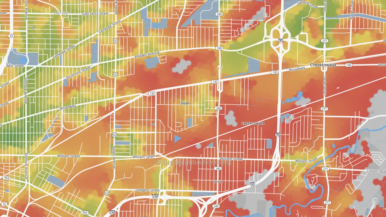 Walk Grade map of Sloan, NY, walkable areas in green and car-dependent areas in red
