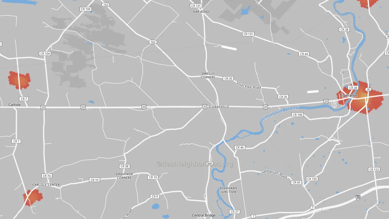 Walk Grade map of Sloansville, NY, walkable areas in green and car-dependent areas in red