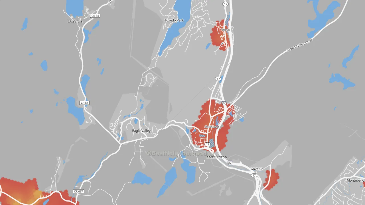 Walk Grade map of Sloatsburg, NY, walkable areas in green and car-dependent areas in red